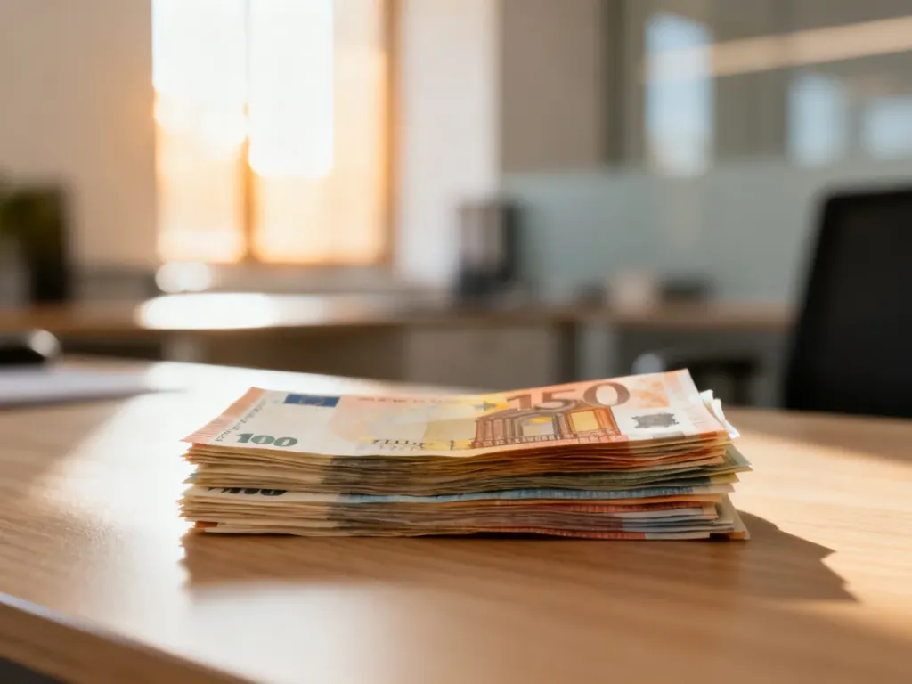 Stos banknotów euro na drewnianym biurku w jasnym, nowoczesnym biurze. Ilustracja przedstawia temat przeliczania walut.