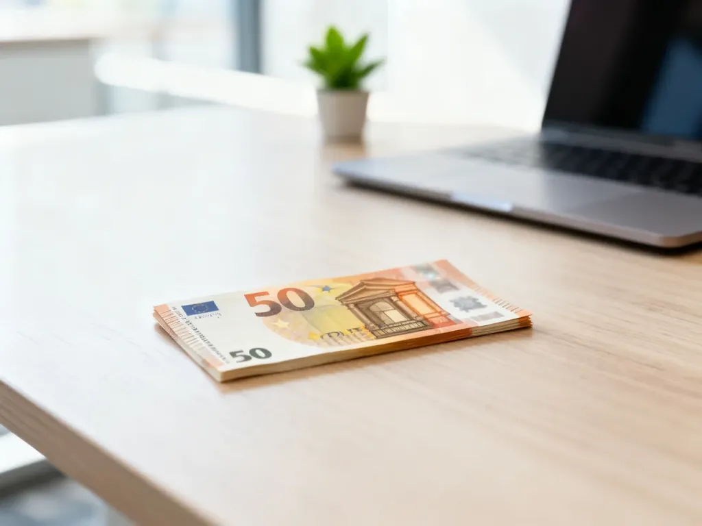 Banknot 50 euro leżący na drewnianym biurku w nowoczesnym biurze, symbolizujący aktualny kurs waluty.