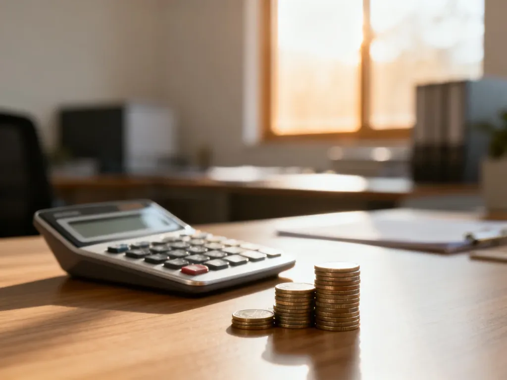Kalkulator i monety na drewnianym biurku, symbolizujące profesjonalne obliczenia finansowe i planowanie budżetu.