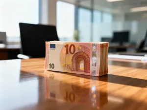 Eleganckie biurko z kalkulatorem i gotówką, symbolizujące planowanie finansów i obliczanie wynagrodzenia.