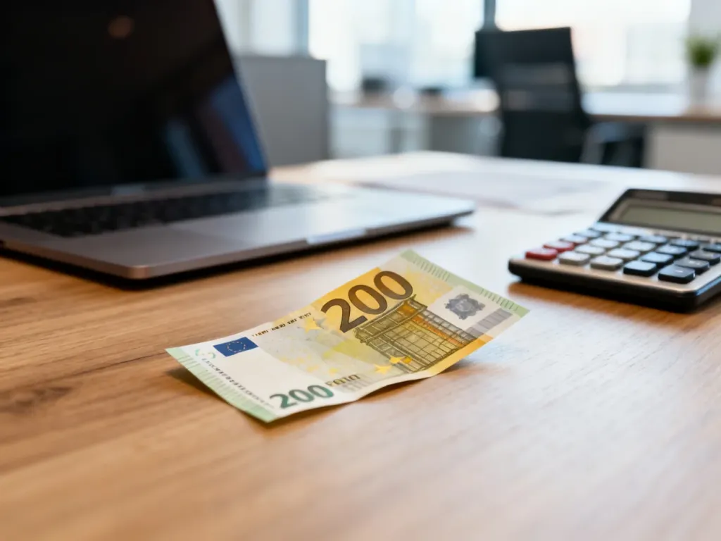Banknot 200 euro leżący na drewnianym biurku w nowoczesnym biurze, symbolizujący wymianę walut.
