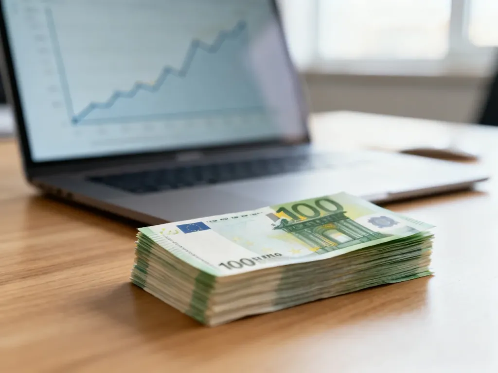 Stos banknotów euro na drewnianym biurku obok laptopa z wykresem finansowym, symbolizujący przelicznik walut.