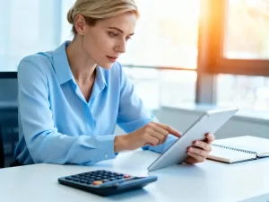 Mężczyzna przy biurku oblicza finanse na tablecie, korzystając z kalkulatora wynagrodzeń w jasnym domowym biurze.