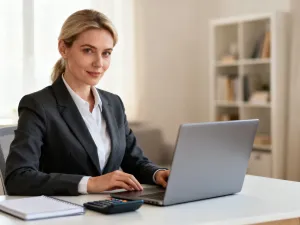 Profesjonalista pracujący przy laptopie z wykresami finansowymi w nowoczesnym biurze, symbolizujący analizę wynagrodzeń.