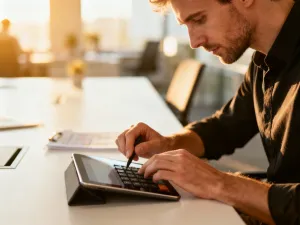 Kobieta przy biurku z kalkulatorem i smartfonem, obliczająca wynagrodzenie w nowoczesnym domowym biurze.