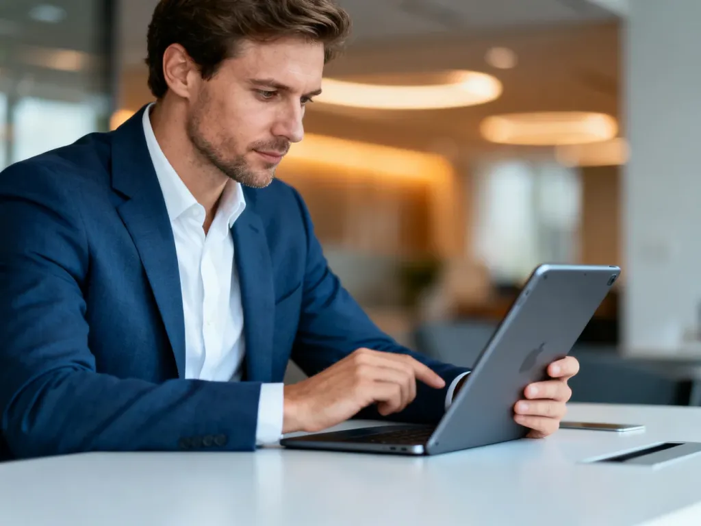 Profesjonalista analizujący dane finansowe na tablecie w nowoczesnym biurze.