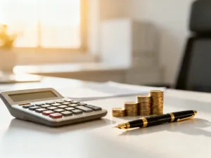 Kobieta przy biurku analizuje wykresy finansowe na tablecie, korzystając z kalkulatora w nowoczesnym biurze.