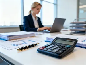 Mężczyzna przy biurku oblicza finanse na tablecie, korzystając z kalkulatora wynagrodzeń w jasnym domowym biurze.